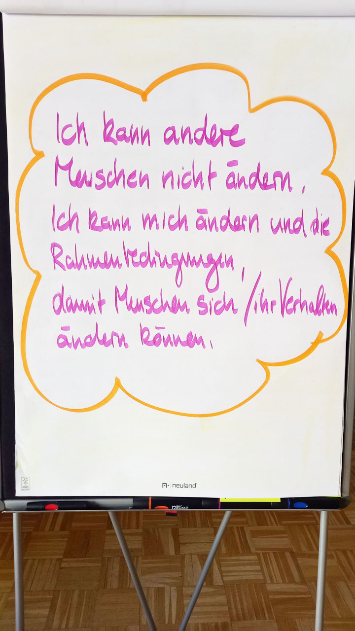 Barbara Lehmann - Transformationsbooster Flipchart mit der Aufschrift "Ich kann andere Menschen nicht ändern. Ich kann mich ändern und die Rahmenbedingungen, damit Menschen sich/ihr Verhalten ändern können."